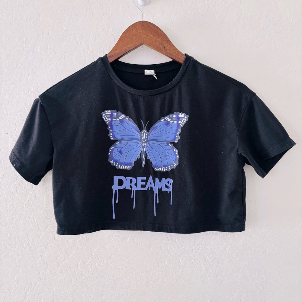 SHEIN Black Tee with Purple Butterfly ‘Dreams’ Cropped Style Size 8